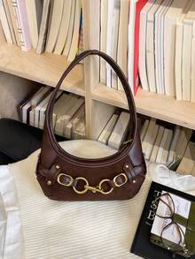Classic Curved Body Metal Chain Decor Vintage Texture Shoulder Bag, Integrated Handbag Strap, Can Be Worn Underarm, Zipper Closure, Moderate Capacity Can Store Basic Personal Items, Unique Design Suitable For Daily Outings, Easily Enhance Overall Outfit Atmosphere - Coffee Brown - View 4