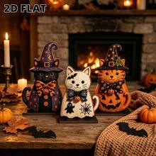 2D Flat Design 3pcs Cat Decor, Pumpkin Halloween Wooden Decorative Sign, Party Decoration, Holiday Gift, Home Wall Decor, Welcome Sign, Desktop Office Decor Ornament, Christmas Decoration - A - View 4