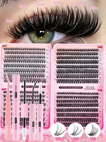 MEM 640pcs Eyelash Extension Kit, DIY Eyelash Extension Tool Set. Includes Individual Lashes, D-Curl Lash Clusters, As Well As Lash Glue, Makeup Remover, Setting Liquid, Fluffy Natural Segmented Large Capacity Faux Cils, Cils, Suitable For Beginners Multi-Style Eye Makeup Set - Black - View 3