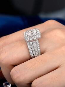 AIHUASI 2pcs/Set 925 Sterling Silver Women's Wedding Ring, Vintage Style, 7.5*7.5mm 2.5ct Princess Cut High-Grade Cubic Zirconia, Luxury Bridal Jewelry Gift - Silver - View 6