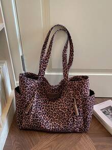 New Vintage Casual Leopard-Print Multi-Pocket Shoulder Tote Bag: Versatile, Large-Capacity Handbag For Fall/Winter-Perfect For Commuting And College - Brown - View 10