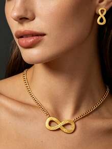 Letingsha Women's Gold Plated 2pcs Stainless Steel Jewelry Set, Infinity Cut Texture Pendant Necklace & Stud Earrings, Anti-Oxidation Design, Suitable For Casual, Holiday And Daily Wear - Yellow Gold - View 6