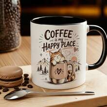 Cat Coffee Lover Coffee Mug, Coffee Is My Happy Place Cute Kitten Graphic Ceramic Cup, Novelty Gift For Cat Enthusiast Coffee Addict Birthday Holiday Present - Multicolor - View 5
