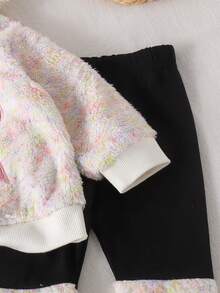 2pcs Baby Girl Cute Bow Embroidery Patchwork Thick Fleece Hooded Sweatshirt & Leggings Set, Thick Style For Autumn/Winter - Black and White - View 7