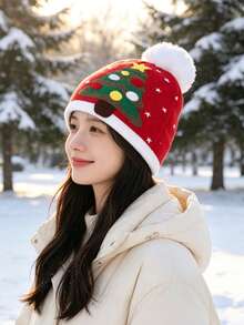 1pc Christmas Knitted Beanie, Warm Versatile Casual Winter Hat, Suitable For Outdoor, Streetwear And Travel - Red - View 2