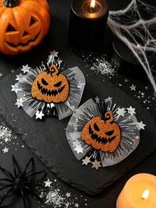 Halloween Glitter Pumpkin Hair Clips For Women, Tulle Star Decor Hair Barrettes, Holiday Cosplay Party Hair Decor - Pumpkin - View 2