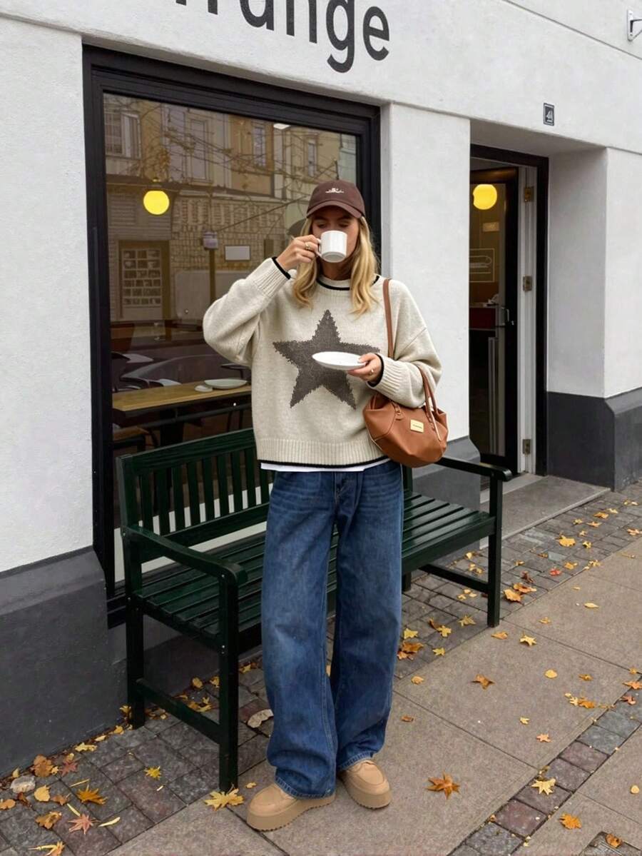 LOVE JOYY Women's Casual Star Pattern Colorblock Knit Sweater, Round Neck Long Sleeve Colorblock Top, Suitable For Daily Casual Autumn/Winter Wear - Apricot - View 1
