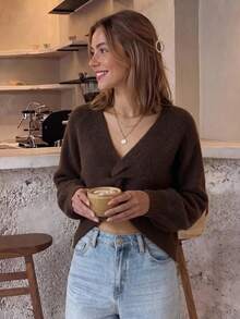 SEREN Women's New Fashion Twisted Design Knit Sweater, Vintage V-Neck Long Sleeve Pullover, Suitable For Daily Wear, And Gatherings With Friends - Red Coffee - View 5