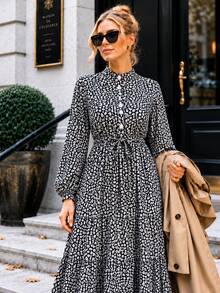 Women's A-Line Floral Maxi Dress With Long Sleeves - Navy Blue - View 5