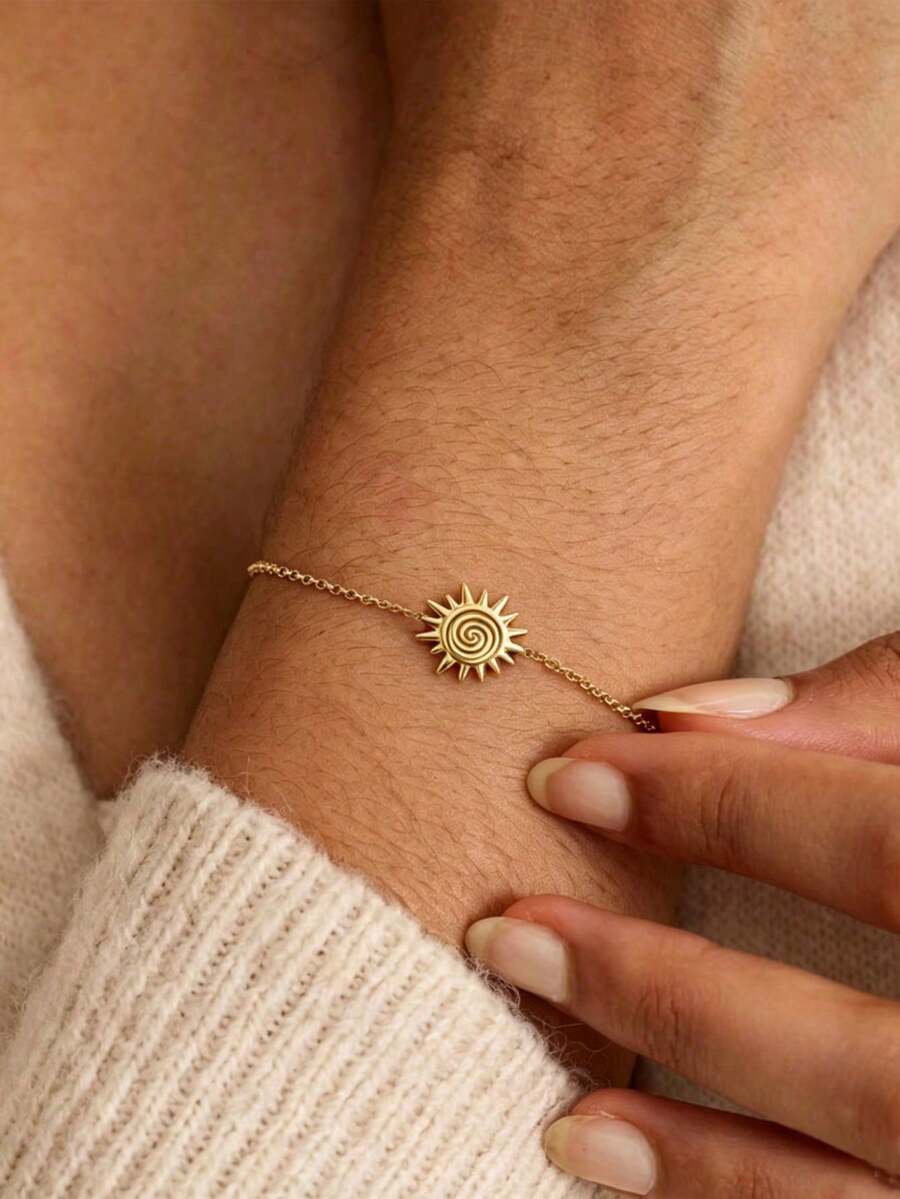1pc Stainless Steel Waterproof Fade-Resistant Cute Gentle Sun Thin O-Link Chain Bracelet Suitable For Women's Daily Wear - Gold - View 1