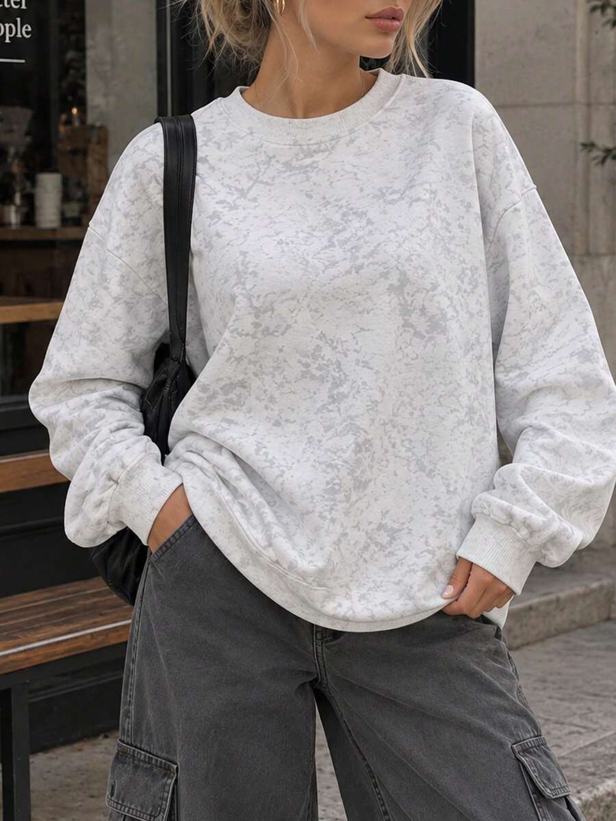 女款紮染圓領衛衣,寬鬆大尺寸長袖套頭衫,休閒寬鬆印花上衣,適合春、秋、冬季 - 白色 - 查看 1