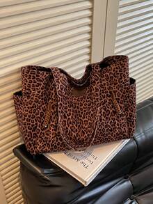 New Vintage Casual Leopard-Print Multi-Pocket Shoulder Tote Bag: Versatile, Large-Capacity Handbag For Fall/Winter-Perfect For Commuting And College - Brown - View 8