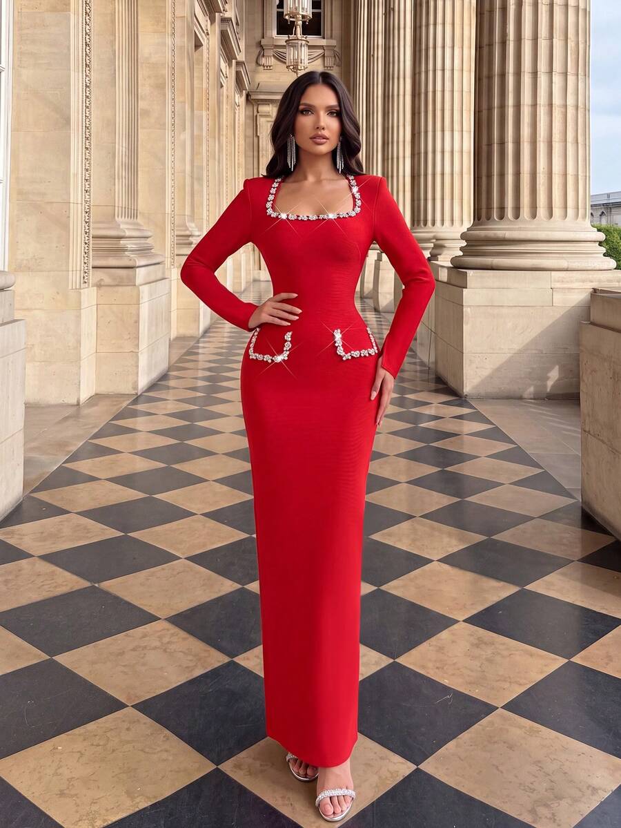 New Fashion Red Crystal Decor Long Sleeve Fitted Dress, Elegant Bandage Party Dress, Suitable For Birthday, Wedding, Graduation, Prom, Homecoming - Red - View 1