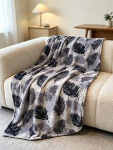 1pc Grey Feather Print Blanket, Thick Warm Throw Blanket For Autumn/Winter, Suitable For Home Decor, Bed, Sofa, Office, Room Decoration, Dorm, Machine Washable - Dark Grey - View 2