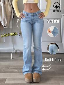 MYOURSA Light Blue Washed Stretch Low Waist Flare Jeans, Comfortable Campus Daily Wear Bootcut Denim Pants Casual Fall - Light Wash - View 3