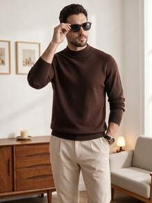 Men's Crew Neck Long Sleeve Solid Color Minimalist Casual Lightweight Knit Sweater For Fall & Winter - Coffee Brown - View 3