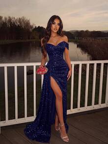 ADYCE Elegant Sequin Cold Shoulder High Waist Ruched High-Slit Tie-Back Floor-Length Evening Gown Prom Formal Dinner Homecoming Party Christmas Wedding Fall - Navy Blue - View 7