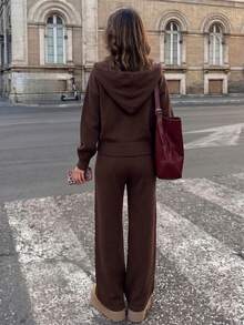 Casual Minimalist Fashion Women's Brown Ribbed Knit Set, Including Zipper Loose Hoodie Jacket And Drawstring Wide Leg Pants, Comfortable Choice For Autumn, Contains Knitted - Brown - View 5