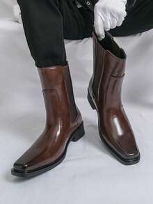 Men's Brown Chelsea Boots Square Toe Side Elastic Band Slip-On Ankle Boots British Style Height-Increasing Chunky Heel Shoes - Brown - View 2