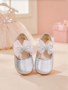 Girls' Shiny Rhinestone Princess Flat Shoes, Soft Sole, Hook & Loop Closure, Mesh Bowknot, Mary Jane Style, Dress Shoes, Party Shoes - Silver - View 5