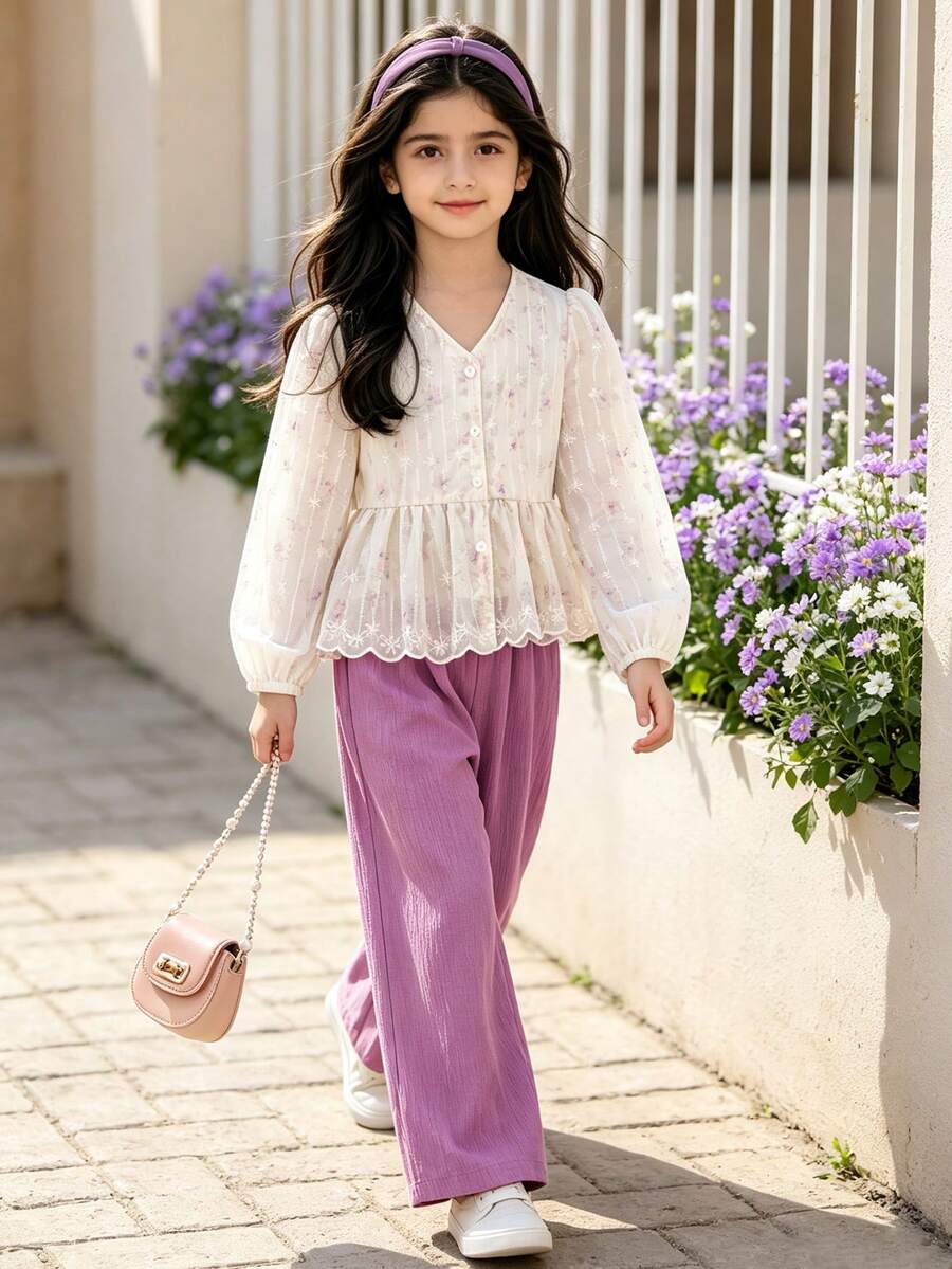 Left Mama Girls Elegant Floral Print Long Sleeve Top And Straight Pants Set, Spring/Autumn - Purple - View 1