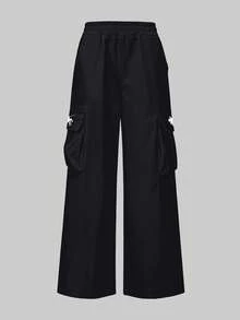 Street Style Tween Boys Cargo Wide Leg Pants, Horse Print Side Pocket Elastic Waist Loose Fit Children's Long Pants, Spring/Autumn - Black - View 2