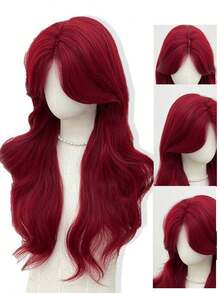 28 Inch Wine Red Long Body Wavy Synthetic Wig, Side Part Curly Wig With Face‑Framing Bangs, Heat Resistant Fake Hair For Women Daily Party Cosplay Use - Multicolor - View 4