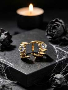 2pcs Fashion Stainless Steel Men's Ring Set With Tooth Zirconia Element, Suitable For Men's Daily Wear, Holiday, Halloween, Open Adjustable - Gold - View 2