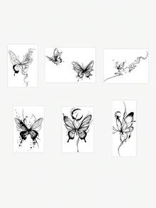 6pcs Herbal Temporary Tattoo Sticker, Ink‑Wash Style Butterfly Moon And Star Pattern, Realistic Fake Tattoo Design, Suitable For Daily Wear, Bachelorette Party Favors, Music Festivals, Game Events, Graduation Gifts, Lasts 7‑14 Days - Black - View 3