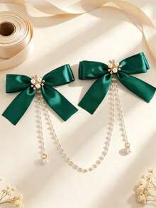 1pc Girls Green Pearl Flower Fabric Bow Hair Clip, Suitable For Daily And Holiday Use - Green - View 5