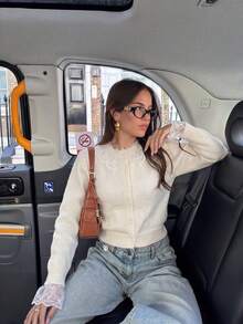 Women's Lace Collar Knit Cardigan, Round Neck Front Button Sweater Jacket, Suitable For Thanksgiving And Christmas Outfits - White - View 2