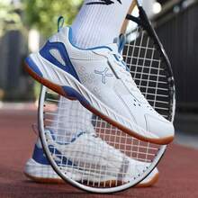 Men Lace‑Up Badminton Shoes Breathable Mesh Upper Indoor Court Training Athletic Sports Sneakers - Blue and White - View 2