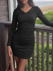 Minimalist Sexy Twisted V-Neck Long Sleeve Fitted Slimming Bodycon Mini Dress For Women, Autumn - Black - View 2