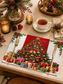 Vintage Country Style Christmas Tree Table Runner, Pillow Case, Placemat With Red Ribbon, Gold Bell, Gift Box And Holly Pattern, European And American Holiday Table Decor, Long Party Decoration - Multicolor - View 5