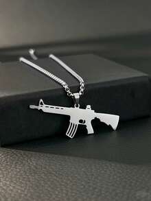 Street Hip‑Hop Men Necklace, Polished Stainless Steel Gun‑Shaped Pendant With Box Chain, Cool Jewelry For Men Daily Wear Gift - Silver - View 1