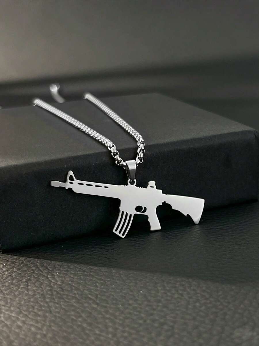 Street Hip‑Hop Men Necklace, Polished Stainless Steel Gun‑Shaped Pendant With Box Chain, Cool Jewelry For Men Daily Wear Gift - Silver - View 1