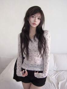 Ditsy Floral Sheer Lightweight Base Layer T-Shirt - White - View 1