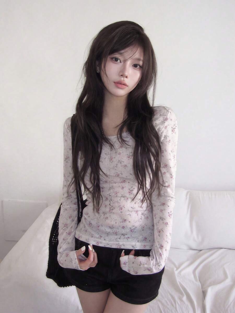 Ditsy Floral Sheer Lightweight Base Layer T-Shirt - White - View 1
