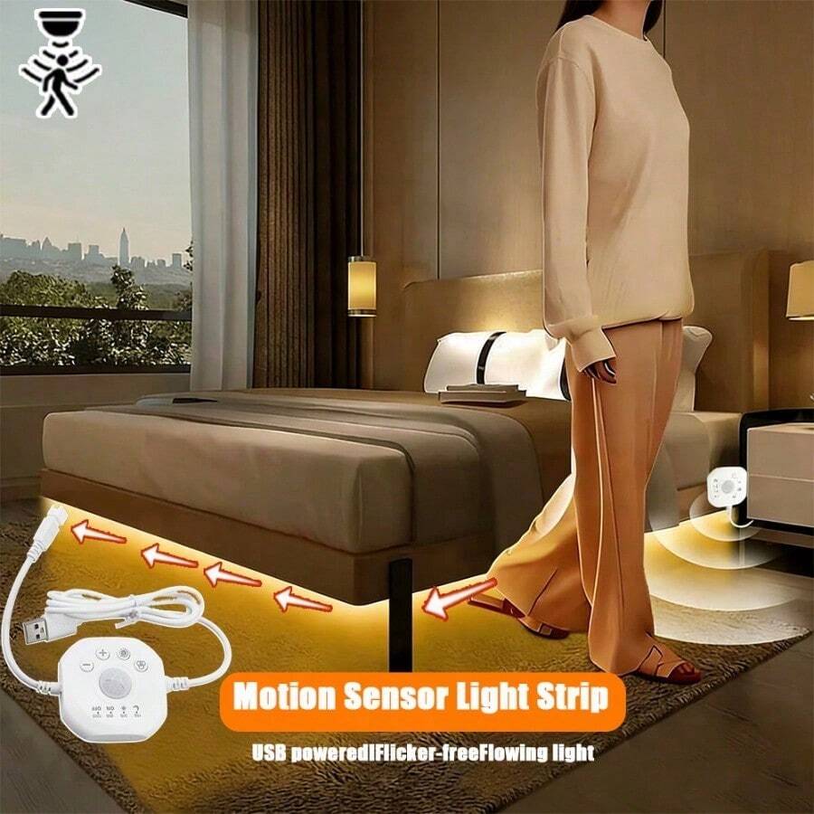Acosh Neon 5V Motion Sensor Stair Lights With Chasing Effect, Under Bed Lights, Cabinet Lights, USB Motion Sensor LED Light Strip, Bedroom Use, Warm White LED Closet Lights, Under Cabinet Sensor Lights