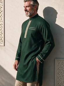 GOLDREDY Men's Casual Traditional Middle Eastern Wear, Heavy Craftsmanship, Flowing Elegant Split Mid-Length Robe, Minimalist Festival, Atmospheric Long Sleeve Robe - Dark Green - View 1