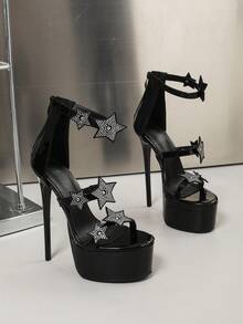 Women's High Heel Fashion Sandals Round Toe Zipper Rhinestone Star Decor 16cm Stiletto Ultra High Heel Elegant Women's Sandals Plus Size 42 - Black - View 4