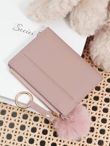 Adorned With A Delicate Pom-Pom, Ladies' Fashion Coin Wallet Zipper Folding Button Short Wallet With Small Wrist Circle Decoration, Daily Commuting - Lilac Purple - View 6