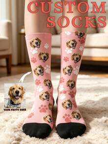 Custom Face Photo Crew Socks, Personalized Image Custom Socks, Heart Stripe Bow & Pet Paw Print, Novelty Gift For Birthday Valentine's Day - Multicolor - View 1
