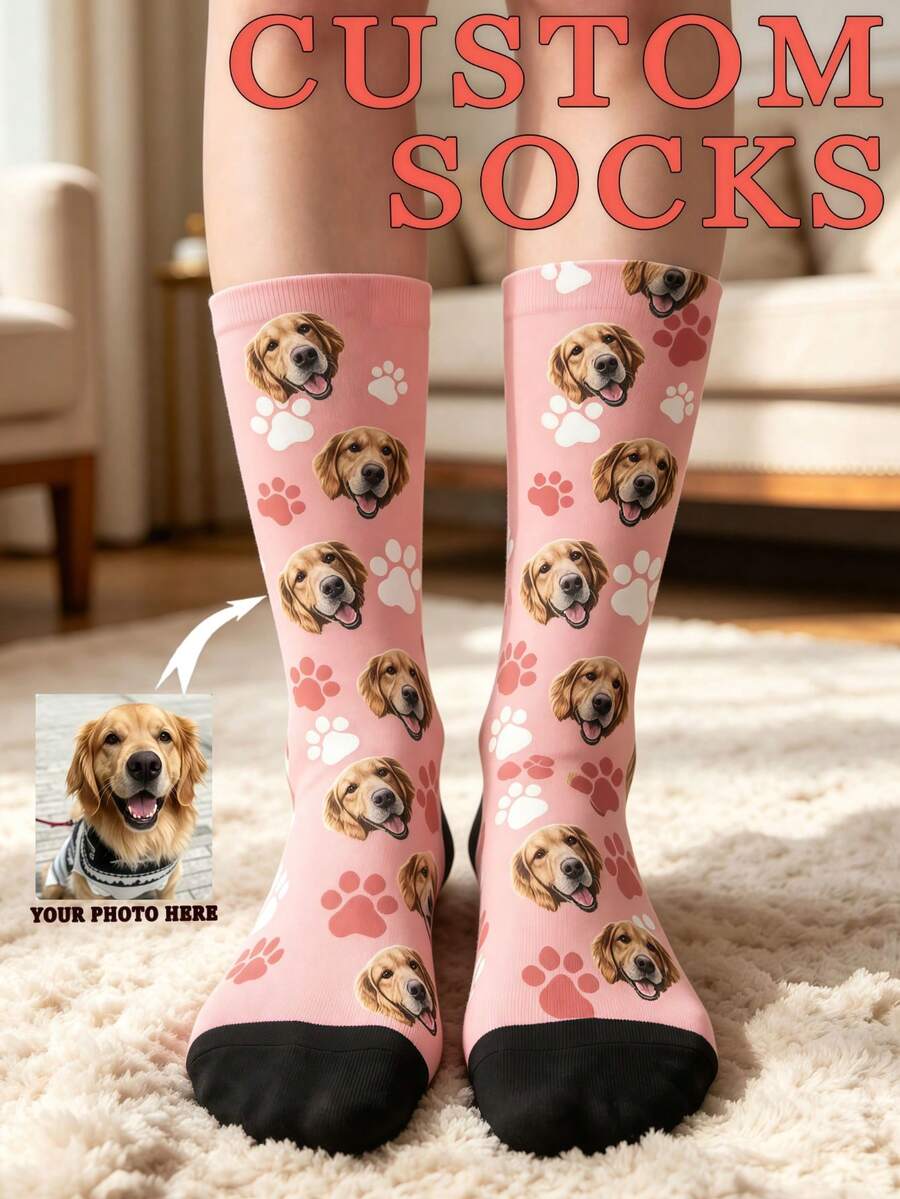 Custom Face Photo Crew Socks, Personalized Image Custom Socks, Heart Stripe Bow & Pet Paw Print, Novelty Gift For Birthday Valentine's Day - Multicolor - View 1