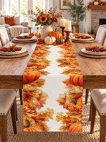 1PC Pumpkin Sunflower Fall Table Runner, Linen Autumn Harvest Tablecloth Runner With Pumpkin, Sunflower And Maple Leaf Border Print, Rustic Farmhouse Dining Table Decor For Thanksgiving Dinner, Kitchen, Dining Room, Fall Party Home Decoration - Multicolor - View 2