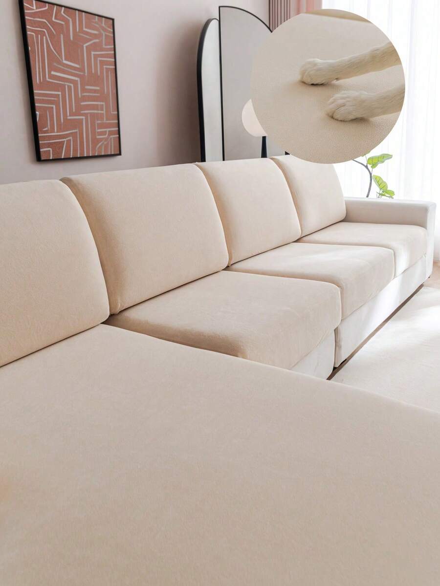 1pc All-Season Elastic Sofa Cushion Cover, Minimalist Modern Style Anti-Slip Sofa Protector, Living Room Sofa Cover Suitable For L-Shaped Sofa And 1234-Seater Sofa - Beige - View 1