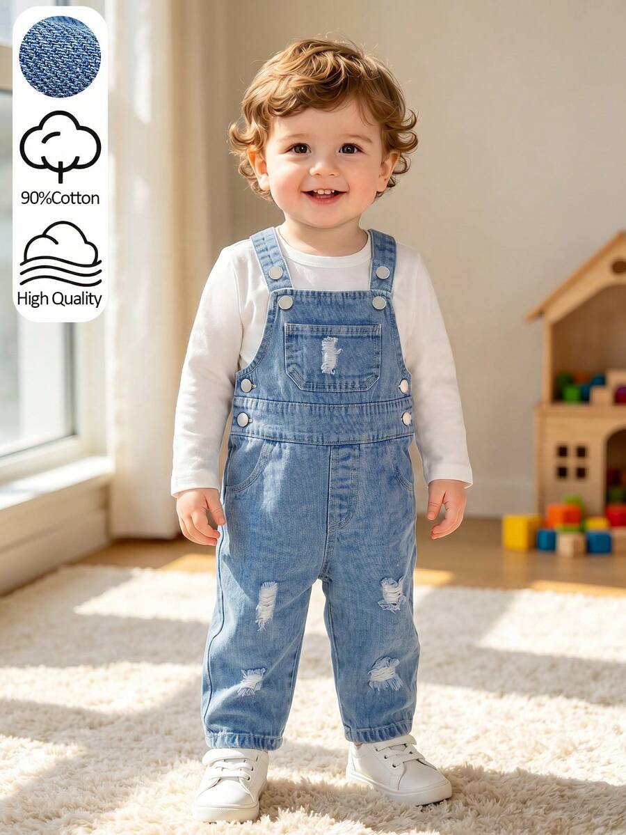 Toddler Unisex Denim Overalls, Soft Cotton Blue Vintage Distressed Denim Fabric, Adjustable Shoulder Straps Retro Style, Suitable For Summer, 80s, Career Day, Back To School, Halloween, Halloween Costume, Halloween Denim - Medium Wash - View 1