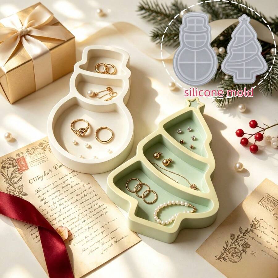 1pc Christmas Snowman Christmas Tree Divided Plate Silicone Mold, 2 Styles Available, Christmas Storage Container Making Plaster Resin Mold, Daily Storage Tray Making Mold, Perfect For Handmade Crafts, Easy Demolding And Reusable - Silicone Mold - View 1