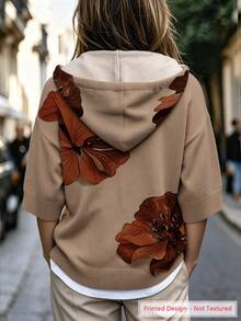ASHKATIA Women's Plus Size Knitted Hoodie With Drawstring, Vintage Floral Print, Bohemian Style Layered Look, Three-Quarter Sleeves - Multicolor - View 2