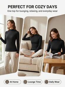 女款黑色保暖抓絨內裡長袖底層上衣，柔軟舒適多功能冬季衣物，適合日常休閒、室內居家、戶外活動、運動與睡衣穿著，寒冷天氣完美選擇 - 黑色 - 查看 5